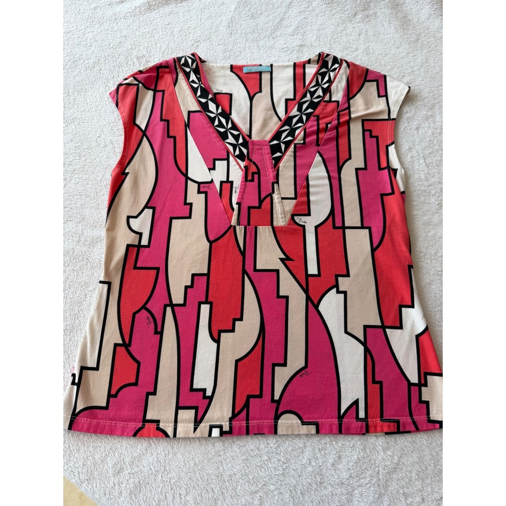 Emilio Pucci Pink Red Geometric Abstract Print V-Neck Sleeveless Top‎ Italy 14